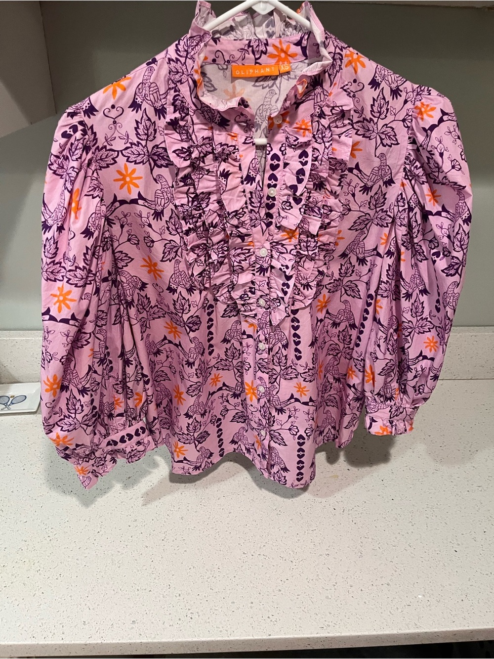 Oliphant Hummingbird Ruffle Blouse- XS